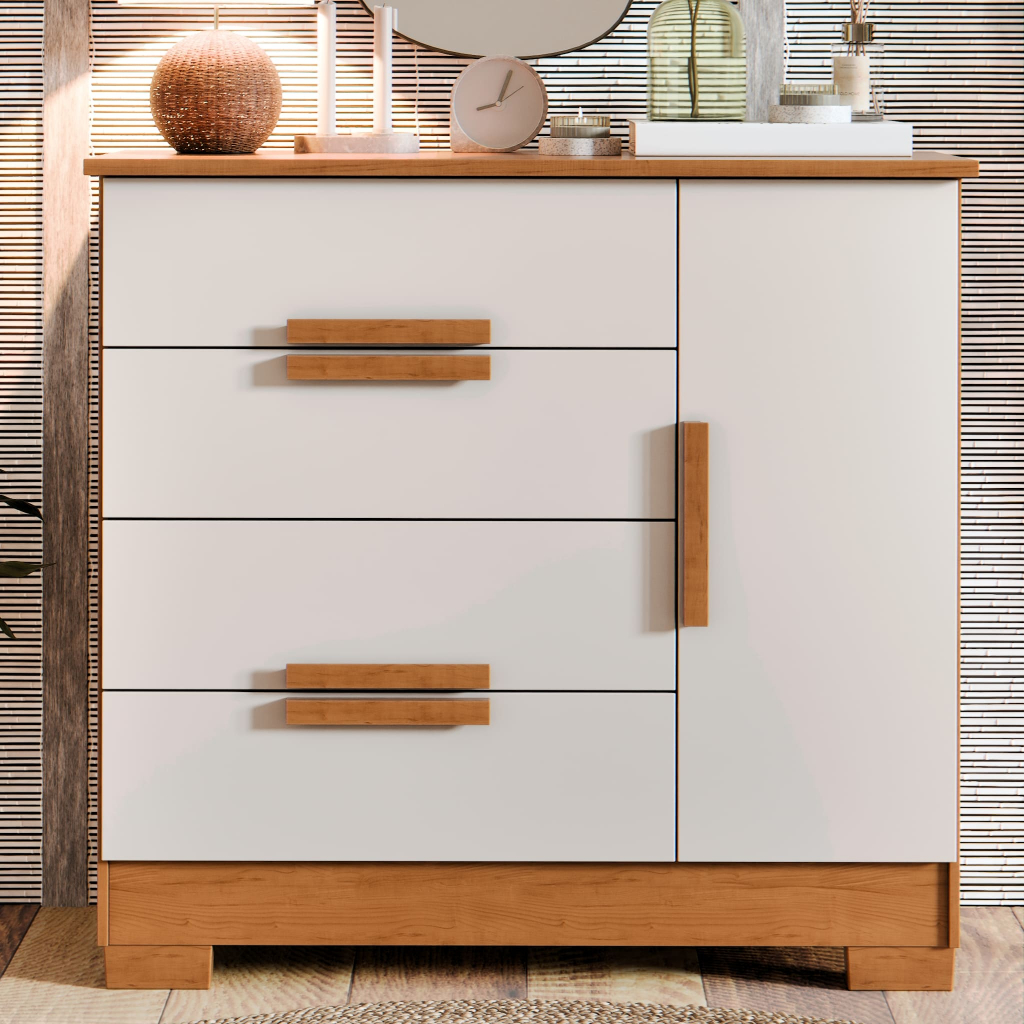 Brescia — Cômoda sapateira com quatro gavetas, uma porta e acabamento contemporâneo.