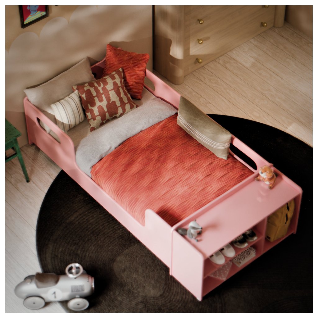 Encanto — Cama montessoriana baixa com proteção, colchão e sapateira integrada.